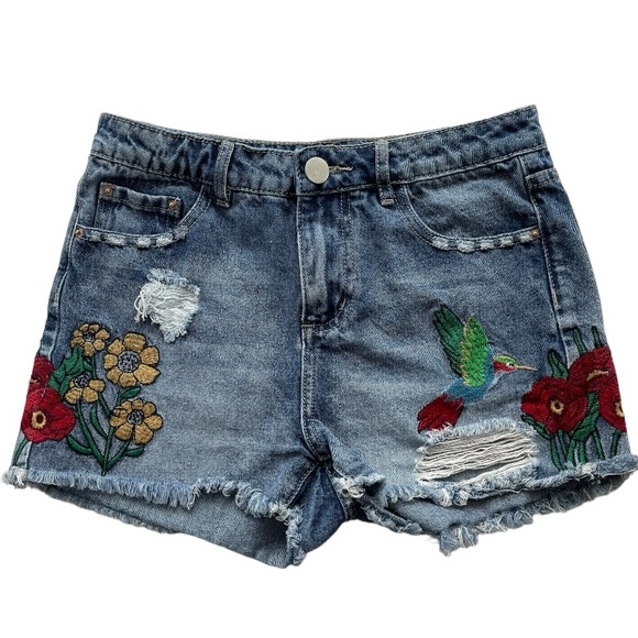 Dex Pants - Dex Denim Emroidered Distressed Shorts with Hummingbird Flowers and Butterfly